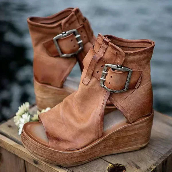 Wedge Sandals with Adjustable Buckle and Contoured Footbed, Woven Boho Straps