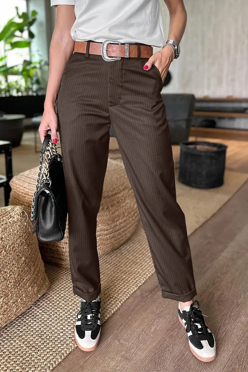 High Waist Straight Leg Pants with Wrinkle Resistant Stretch Fabric and Reinforced Seams