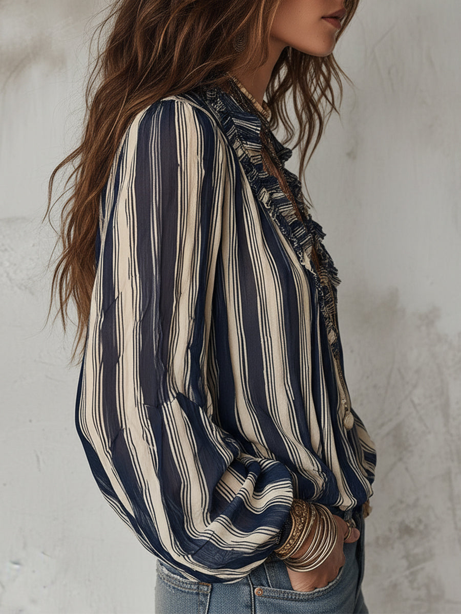 Striped Chiffon Blouse with Ruffled Neckline and Sleeves