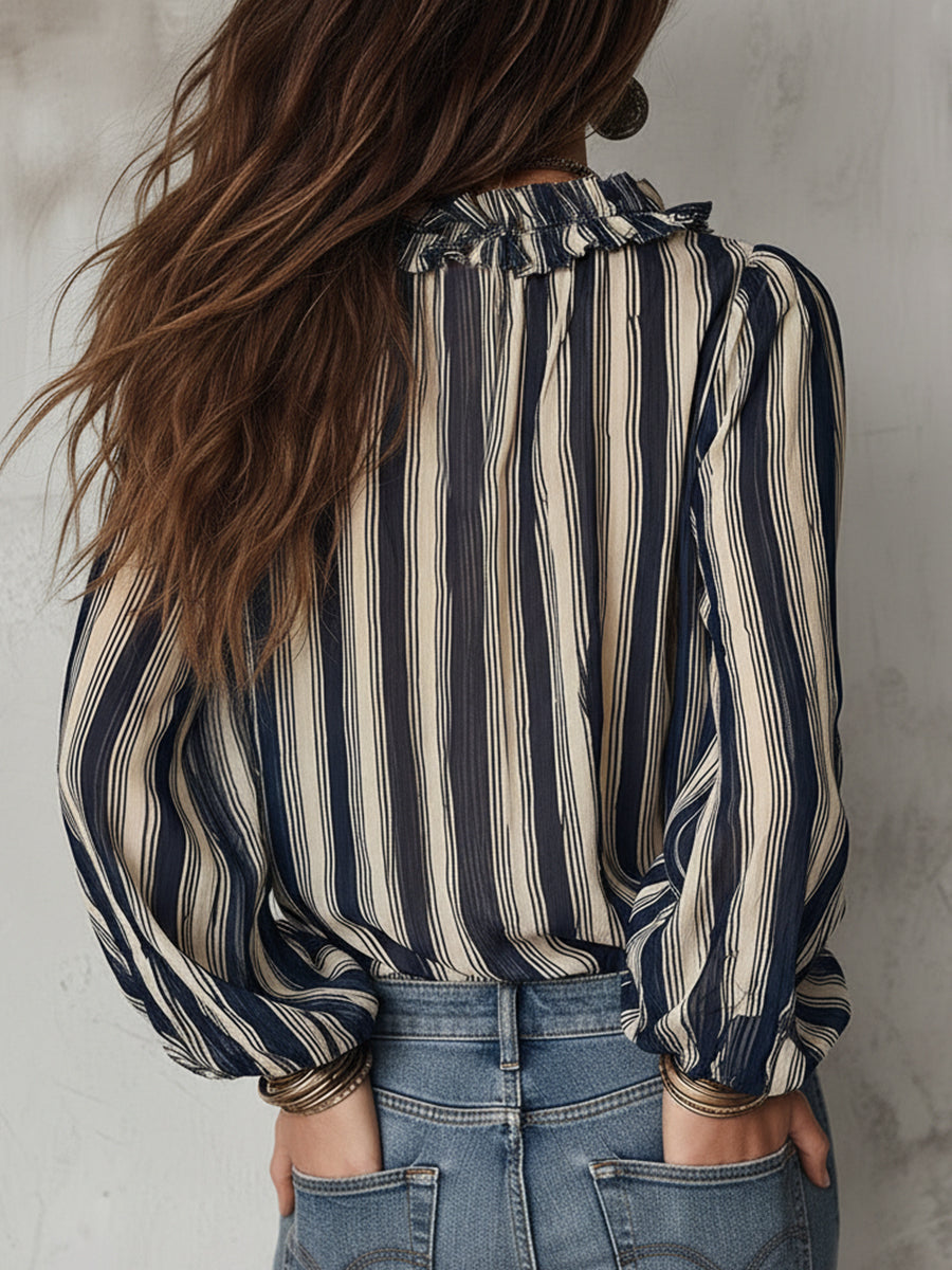 Striped Chiffon Blouse with Ruffled Neckline and Sleeves