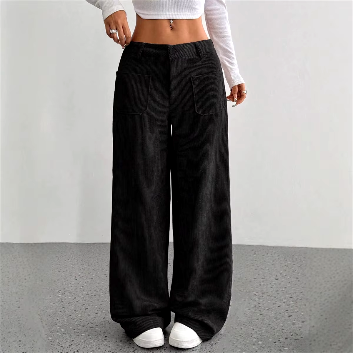 Wide Leg Corduroy Pants with Mid Rise Waist and Oversized Pockets