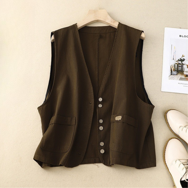 Women's Relaxed Button Front Vest with Patch Pockets and Hip Length Coverage
