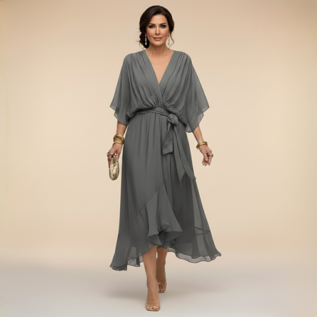 Chiffon Dress with V-Neckline and Flowing Silhouette