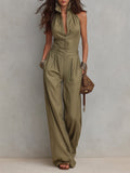 Buttoned Jumpsuit with Stand-up Collar and Straight Legs, Long Sleeves