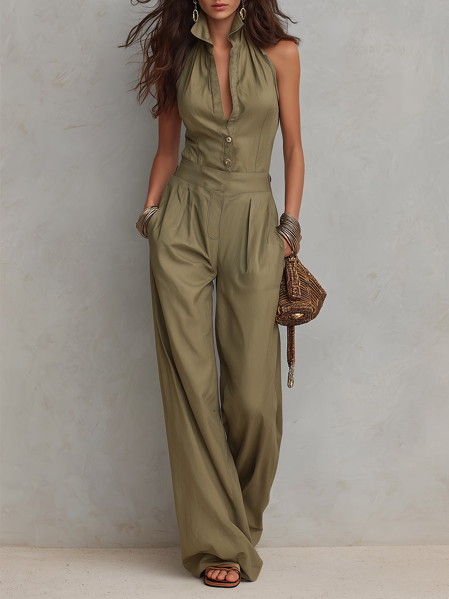 Buttoned Jumpsuit with Stand-up Collar and Straight Legs, Long Sleeves