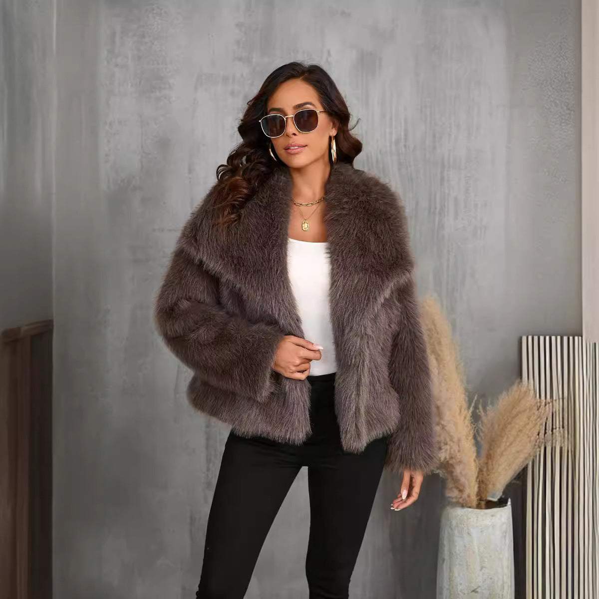 Women's Fox Fur Coat with Shawl Collar and Smooth Lining, Full Length Sleeves