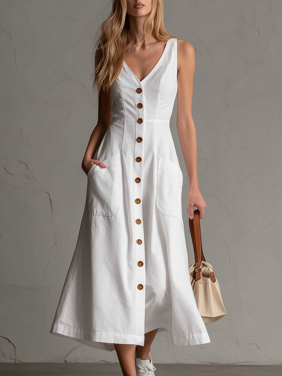 Cotton Linen Midi Dress with Button-Front and V-Neck, Sleeveless Side Pockets