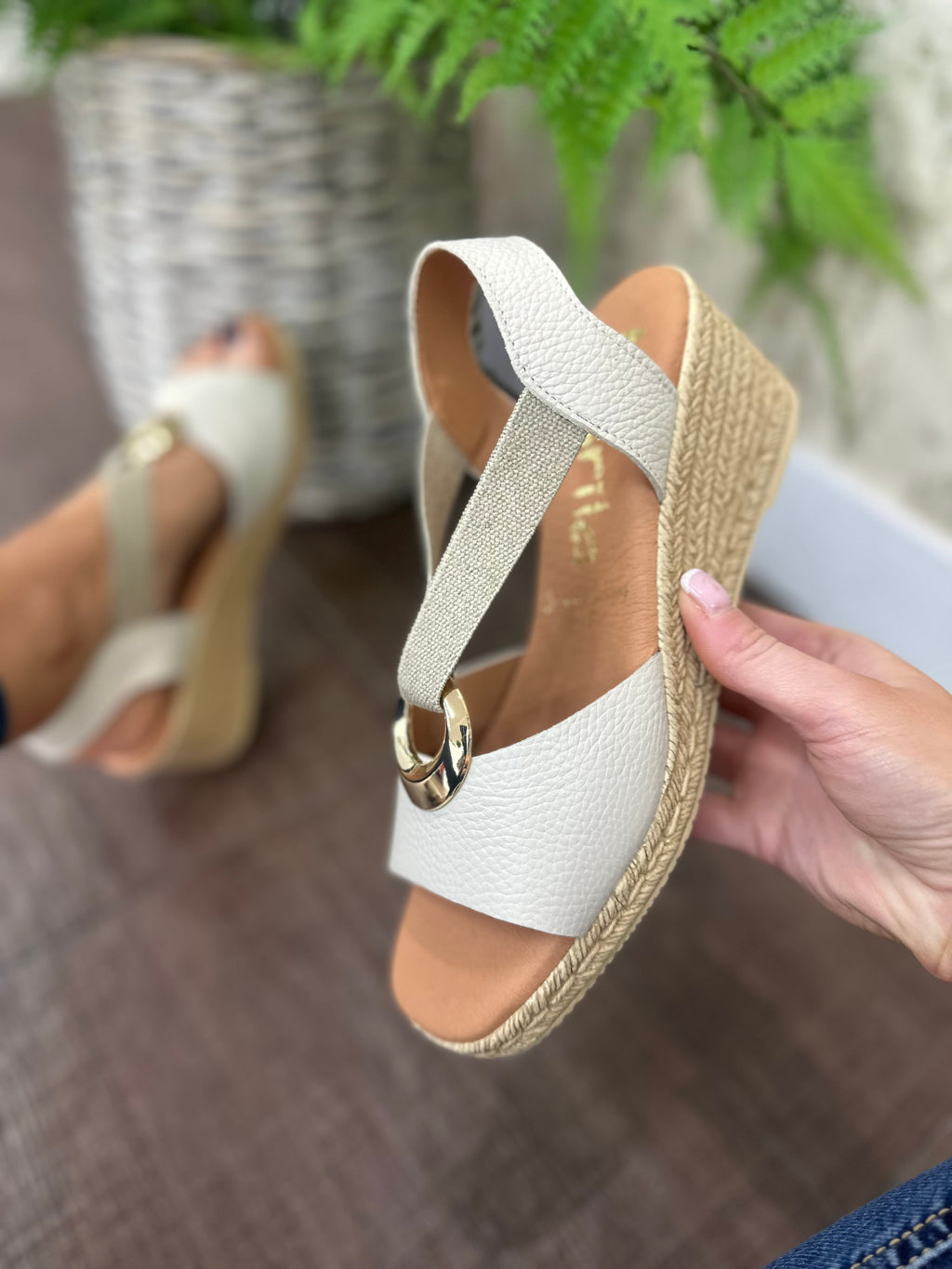 Beige Leather Sandal with Espadrille Wedge and Cushioned Arch Support