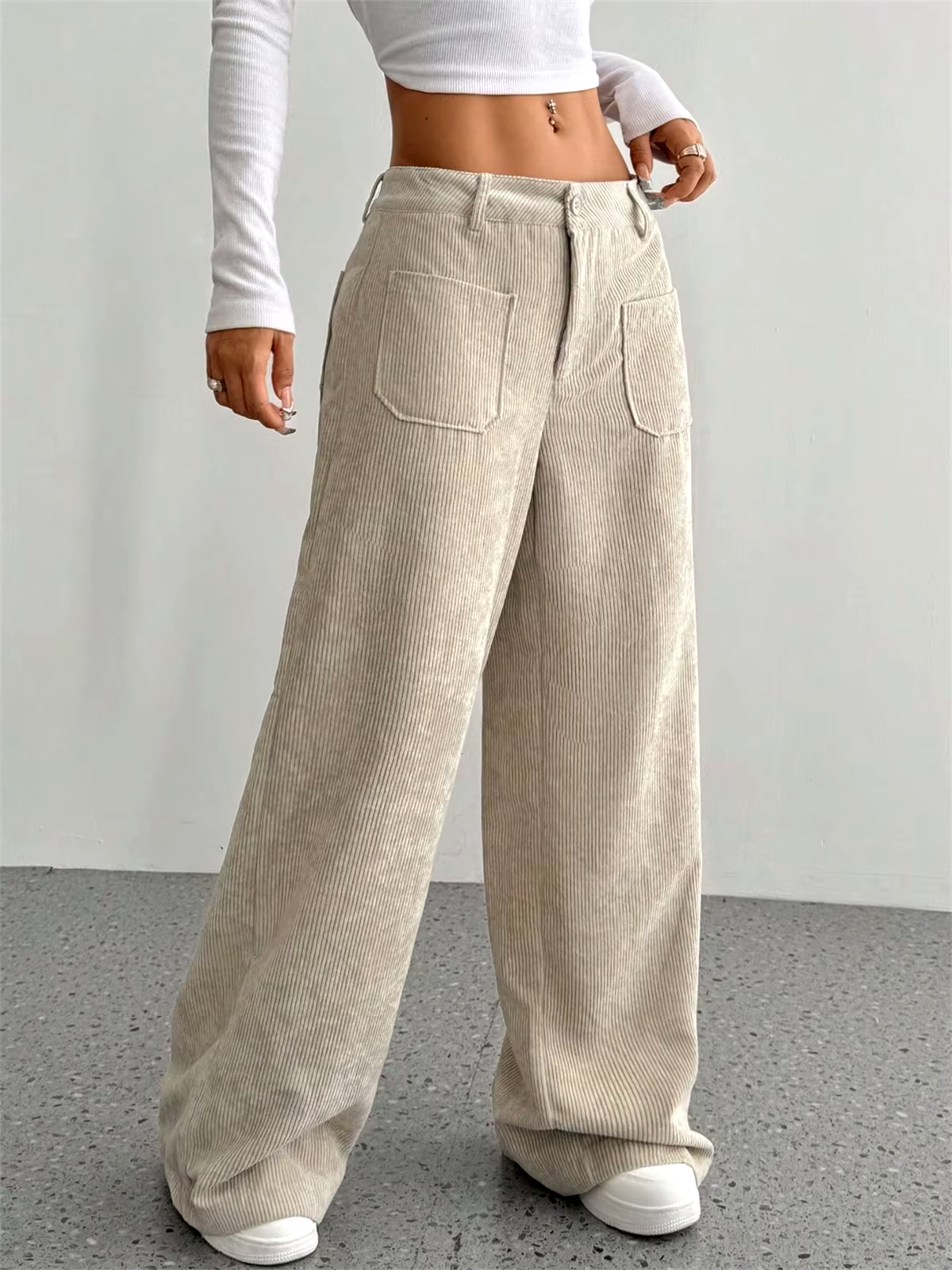 Wide Leg Corduroy Pants with Mid Rise Waist and Oversized Pockets