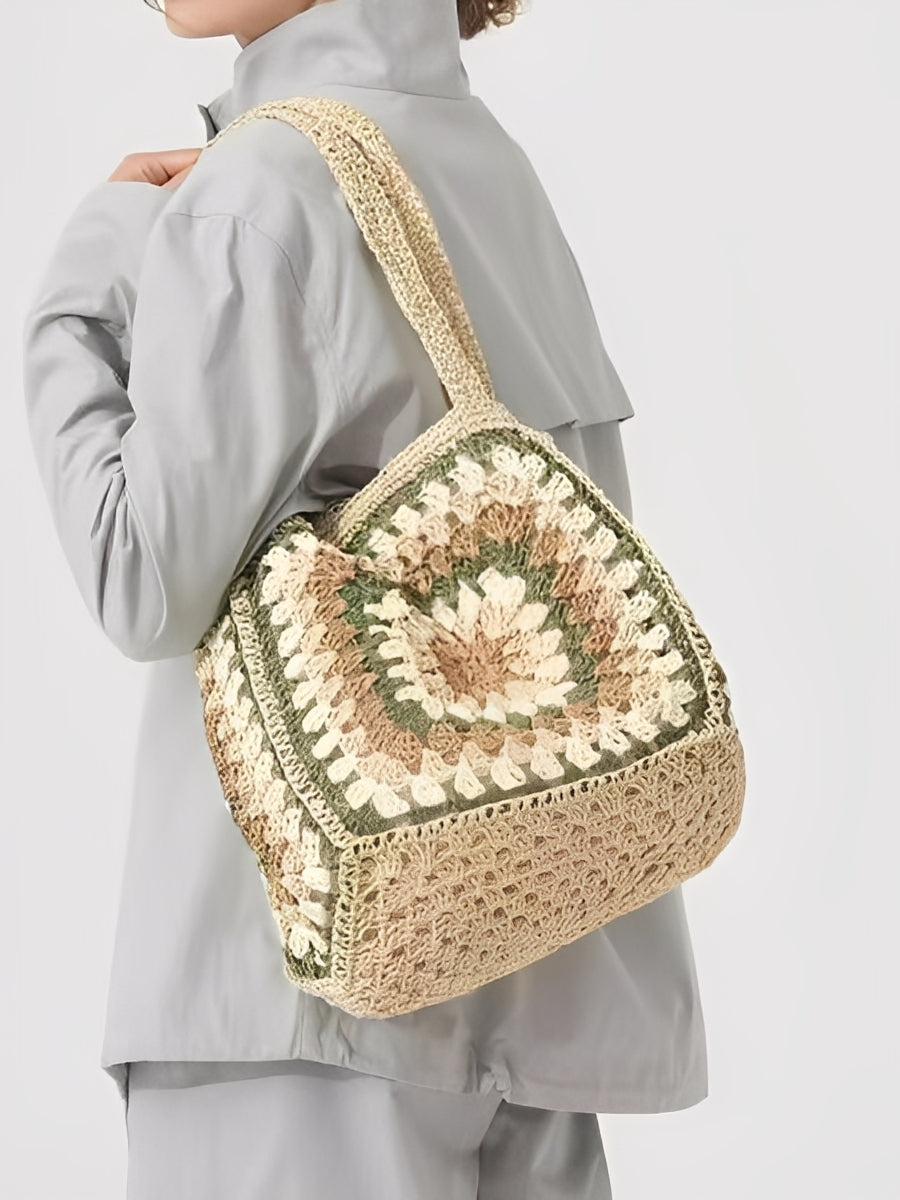 Woven Shoulder Bag with Magnetic Buckle and Adjustable Strap, Large Capacity