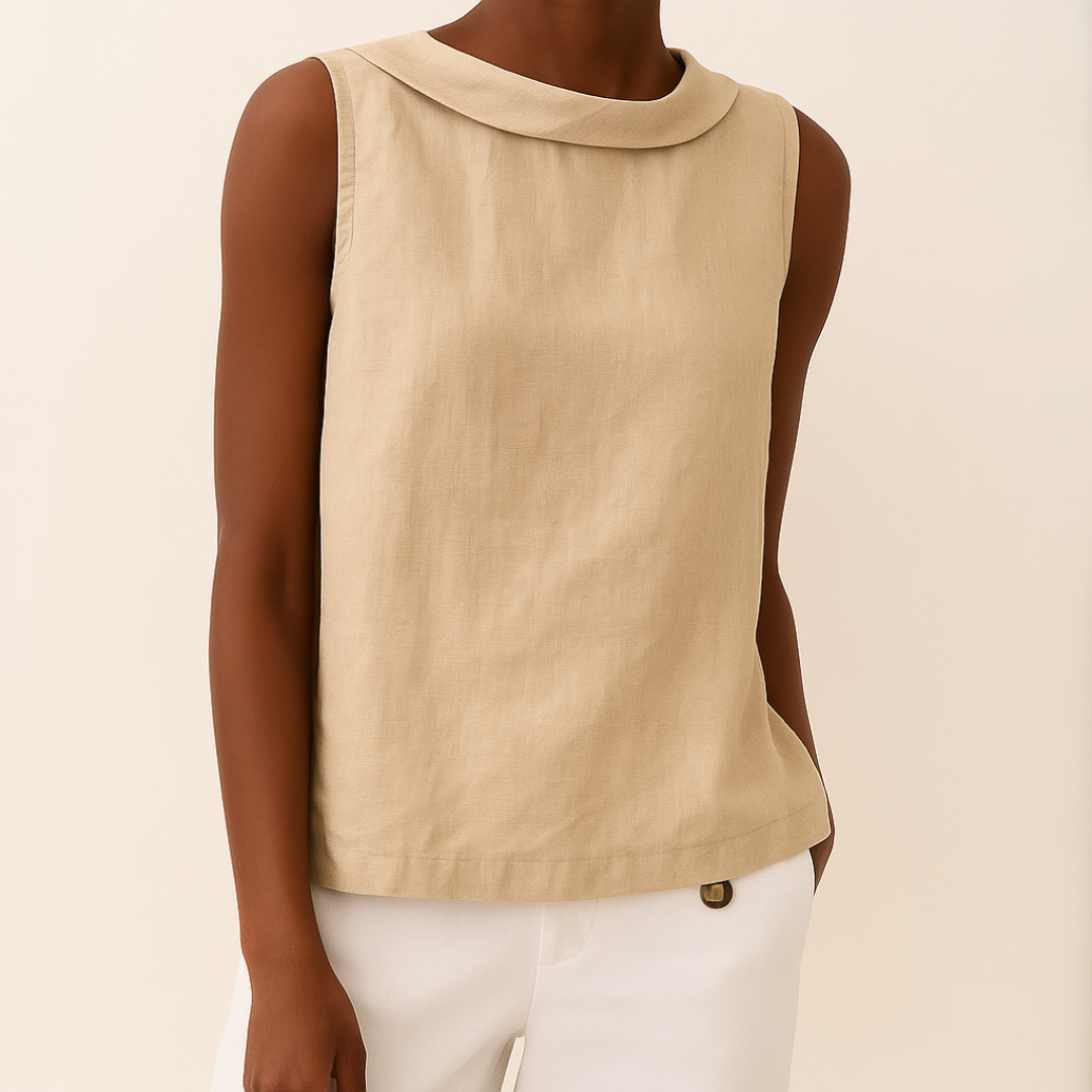 Sleeveless Top with Rolled Collar and Flattering Drape Fit