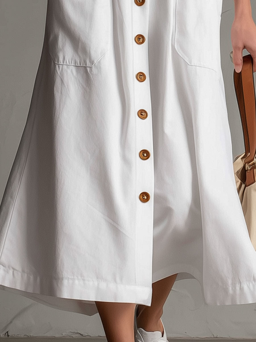 Cotton Linen Midi Dress with Button-Front and V-Neck, Sleeveless Side Pockets