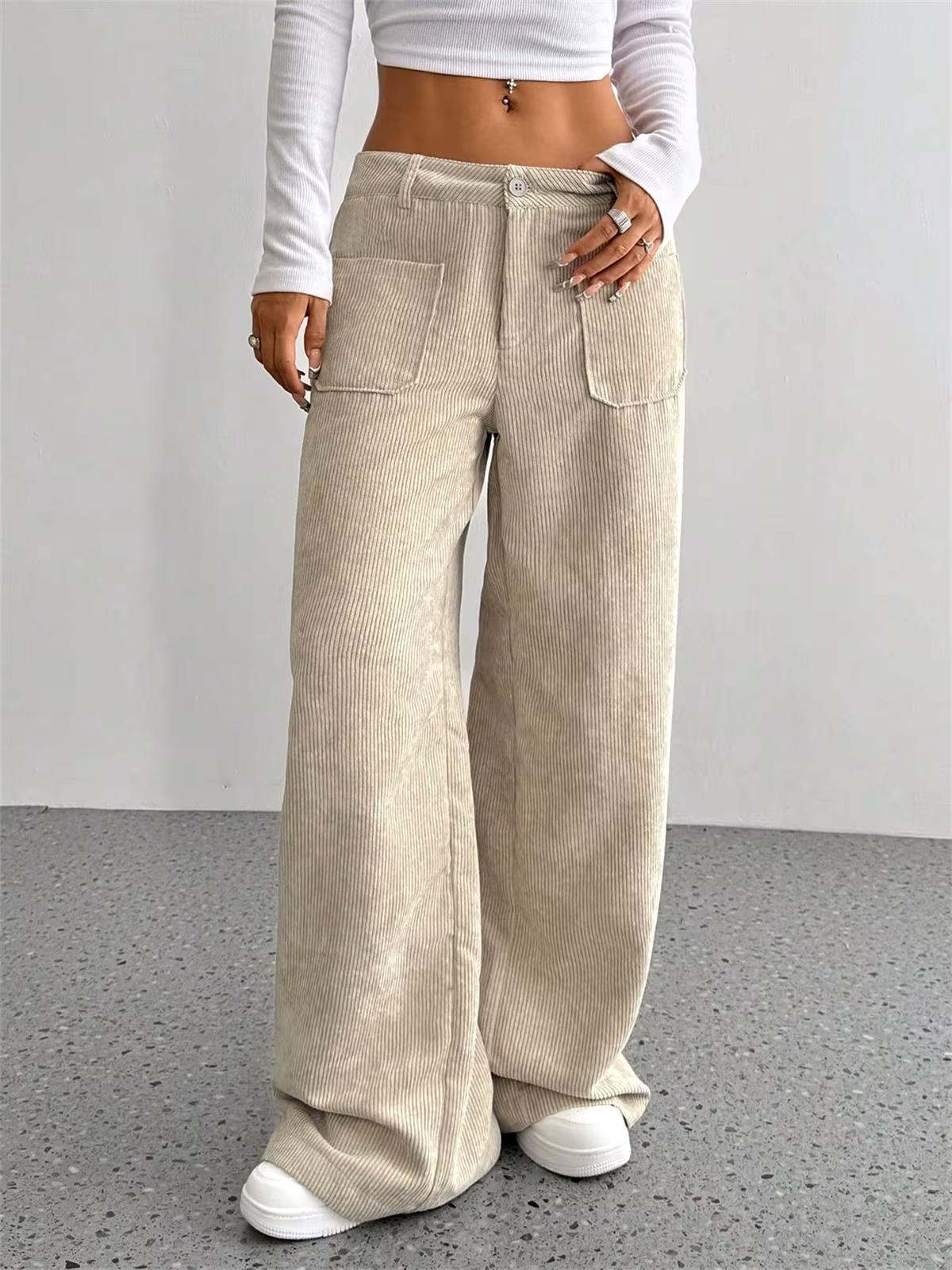 Wide Leg Corduroy Pants with Mid Rise Waist and Oversized Pockets
