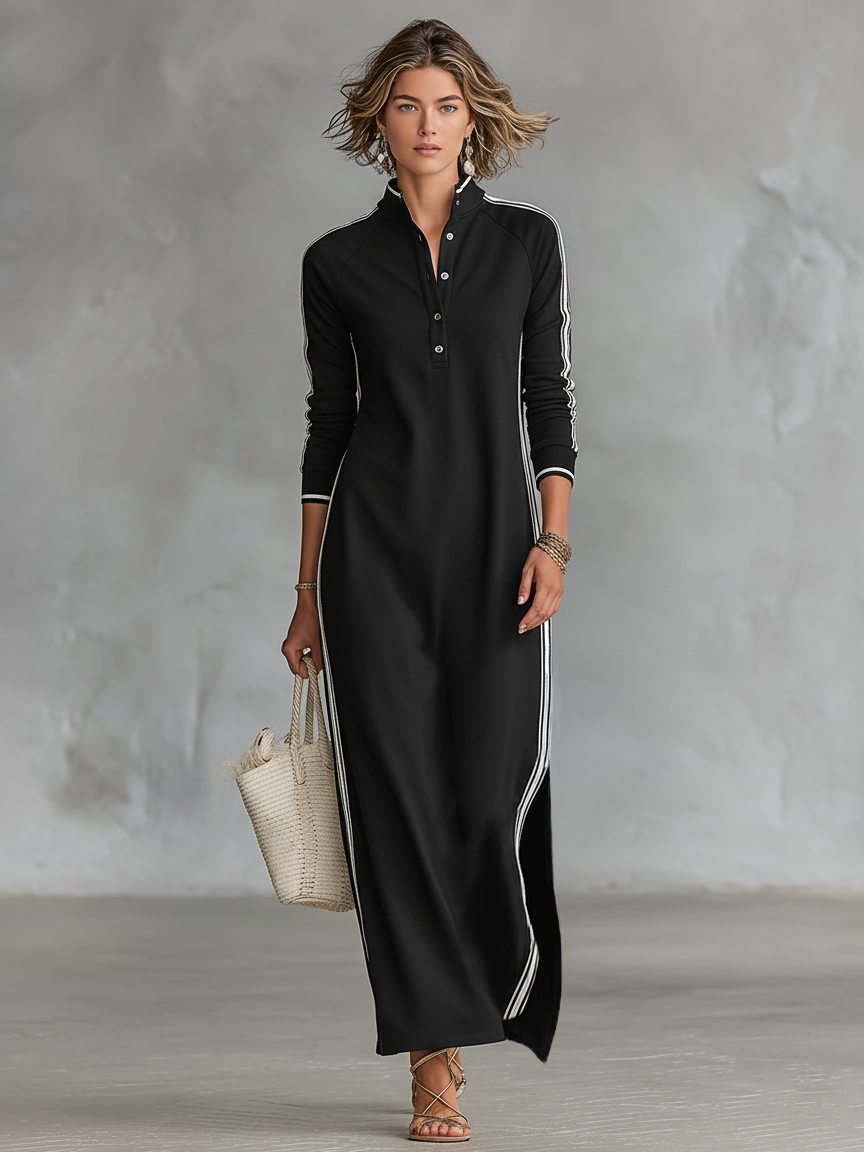 Sweatshirt Maxi Dress with Button-Down Collar and White Trim, Relaxed Fit
