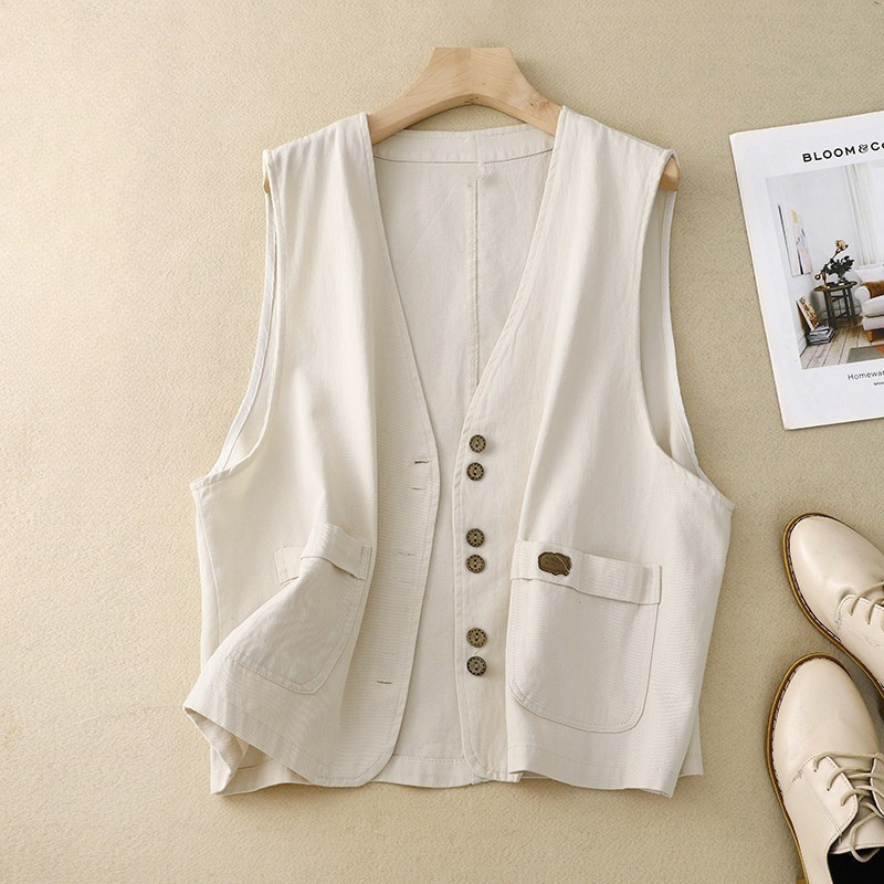 Relaxed Button Vest with Front Patch Pockets and Natural Drape