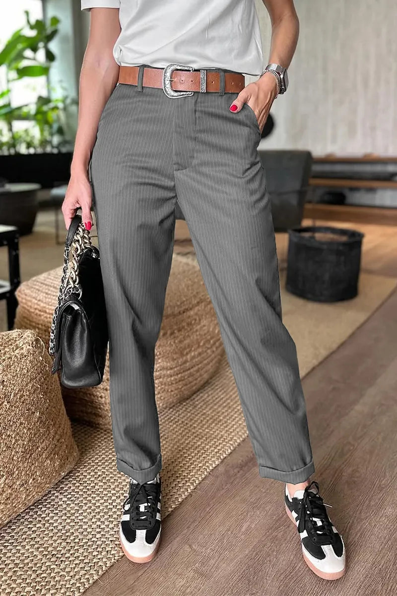 High Waist Straight Leg Pants with Wrinkle Resistant Stretch Fabric and Reinforced Seams