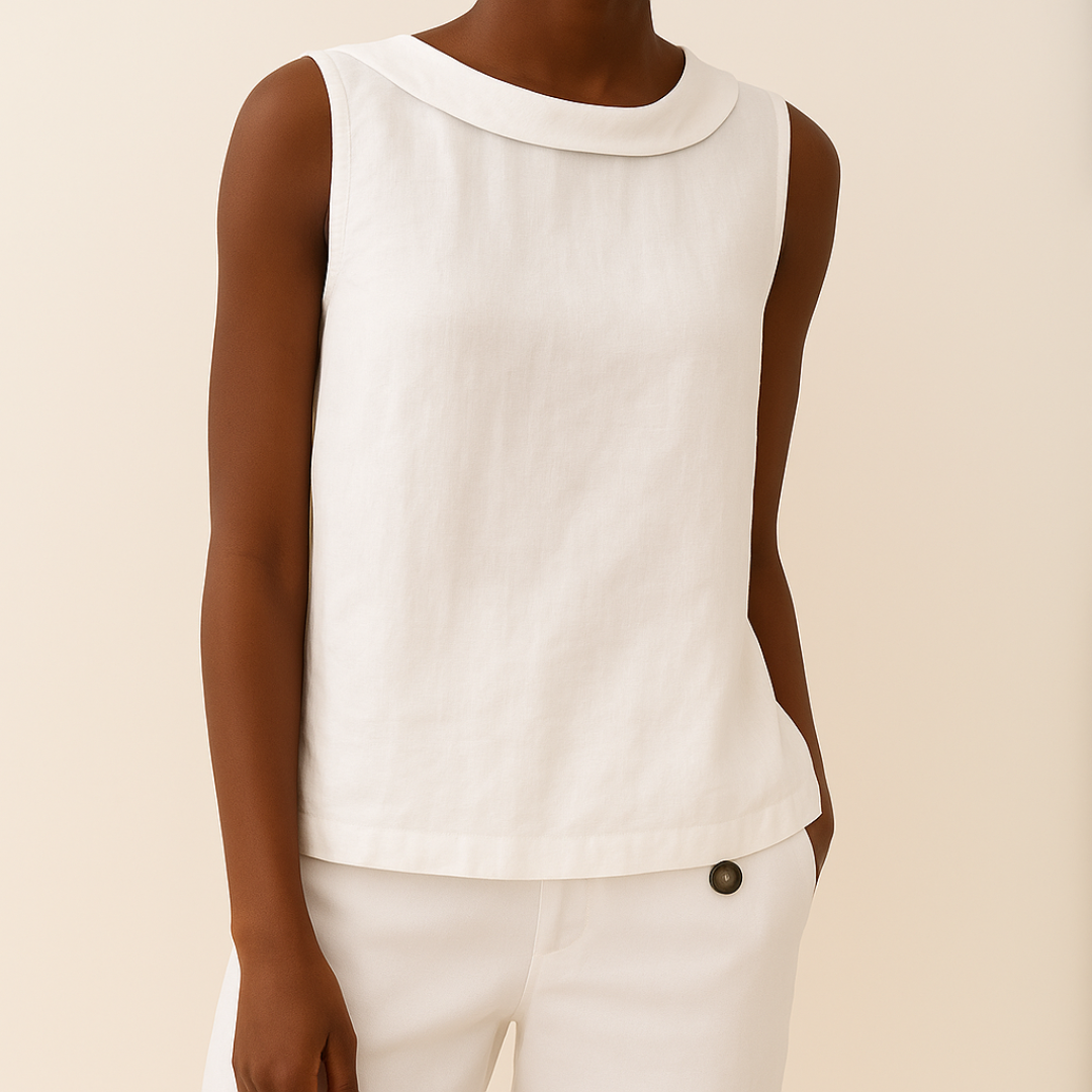 Sleeveless Top with Rolled Collar and Flattering Drape Fit