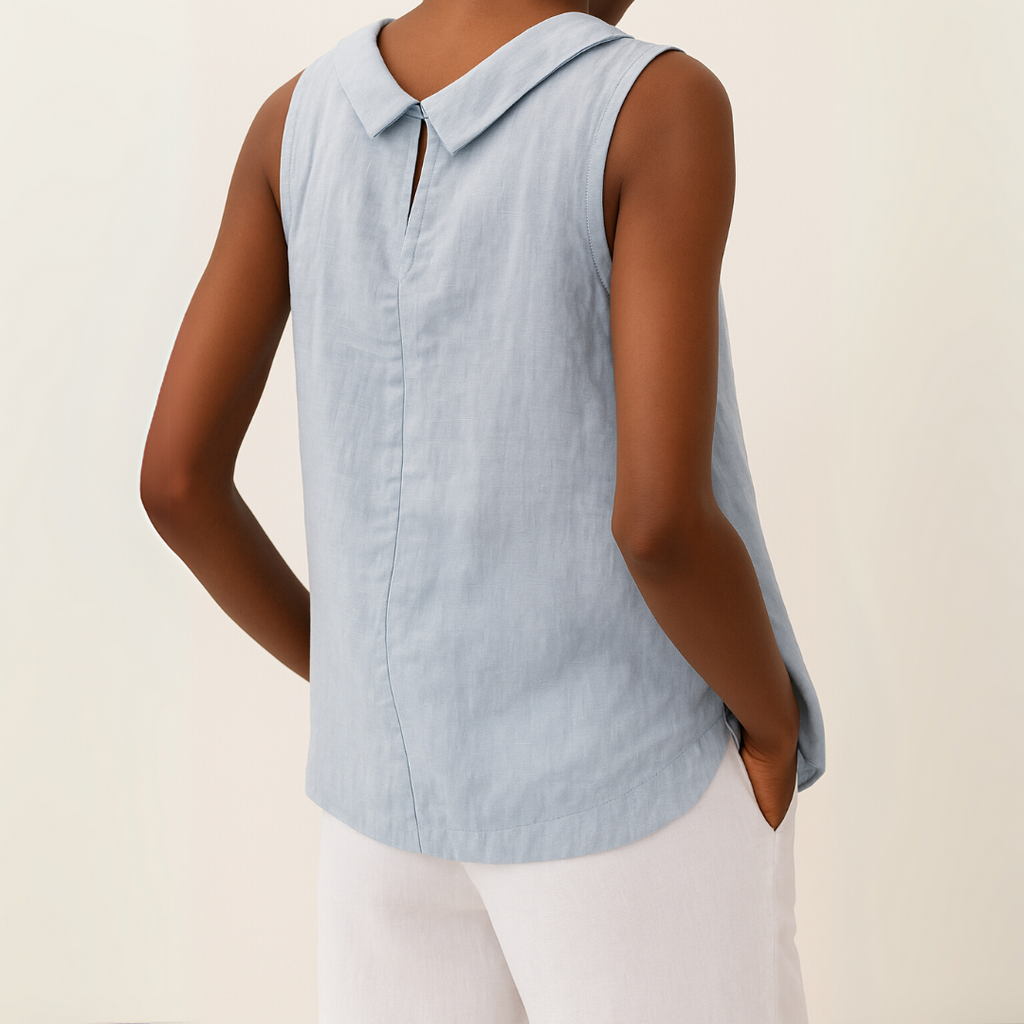 Sleeveless Top with Rolled Collar and Flattering Drape Fit
