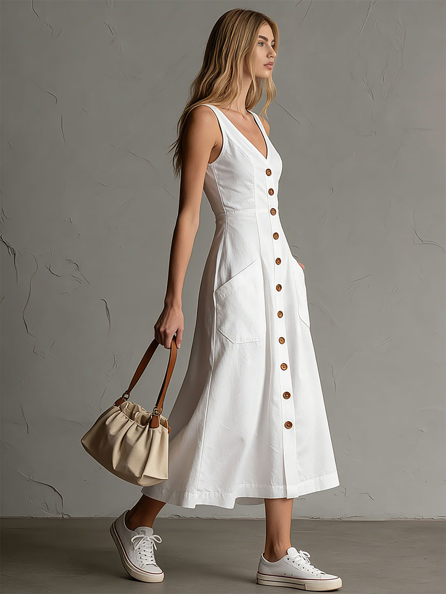 Cotton Linen Midi Dress with Button-Front and V-Neck, Sleeveless Side Pockets