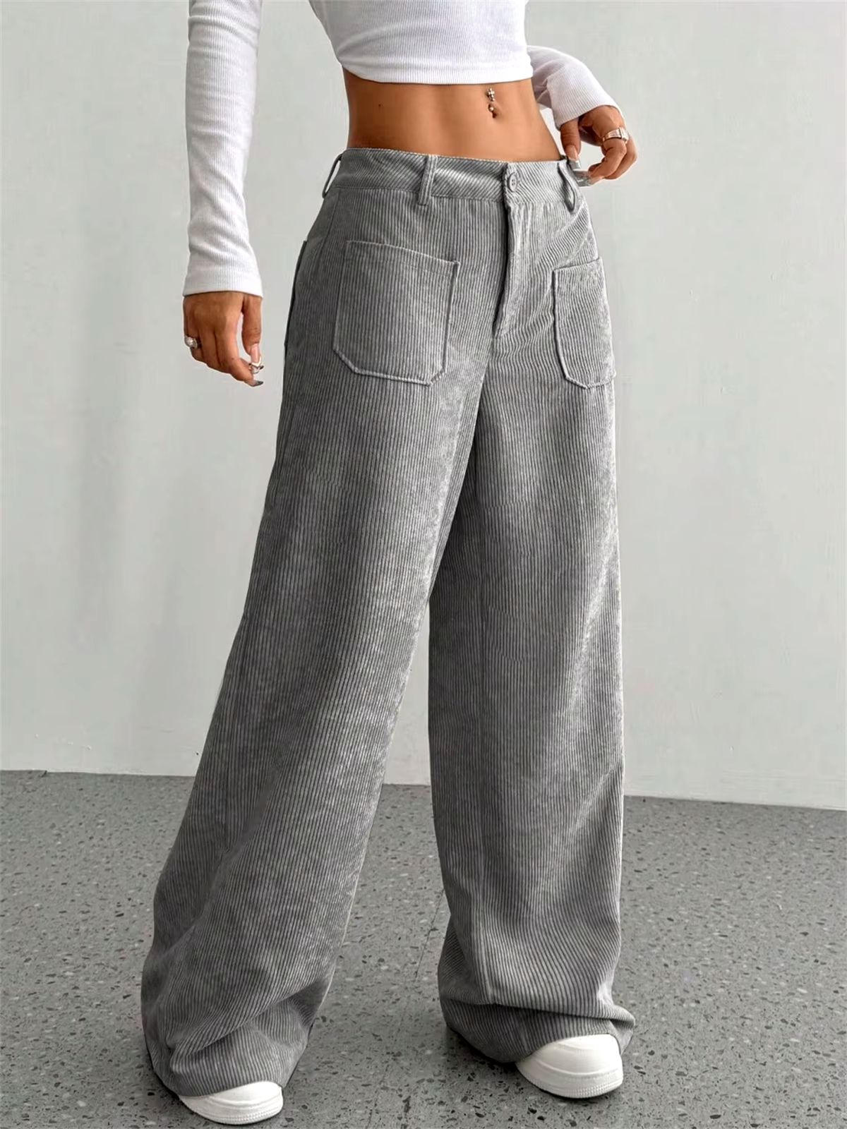 Wide Leg Corduroy Pants with Mid Rise Waist and Oversized Pockets