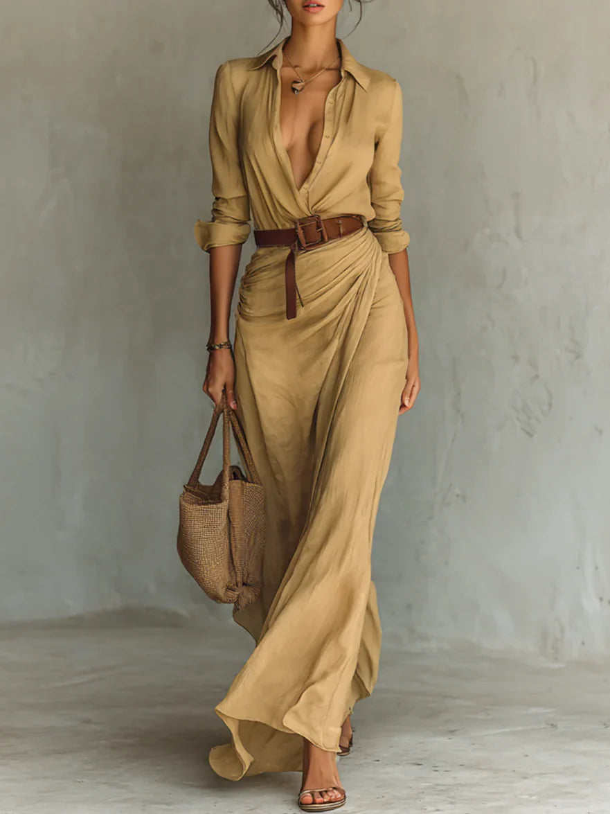 Maxi Dress with Lapel Collar and Adjustable Waist Belt