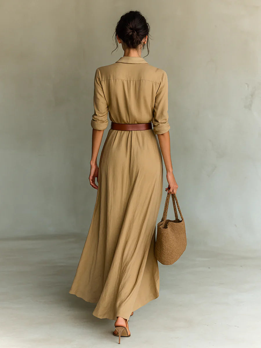 Maxi Dress with Lapel Collar and Adjustable Waist Belt