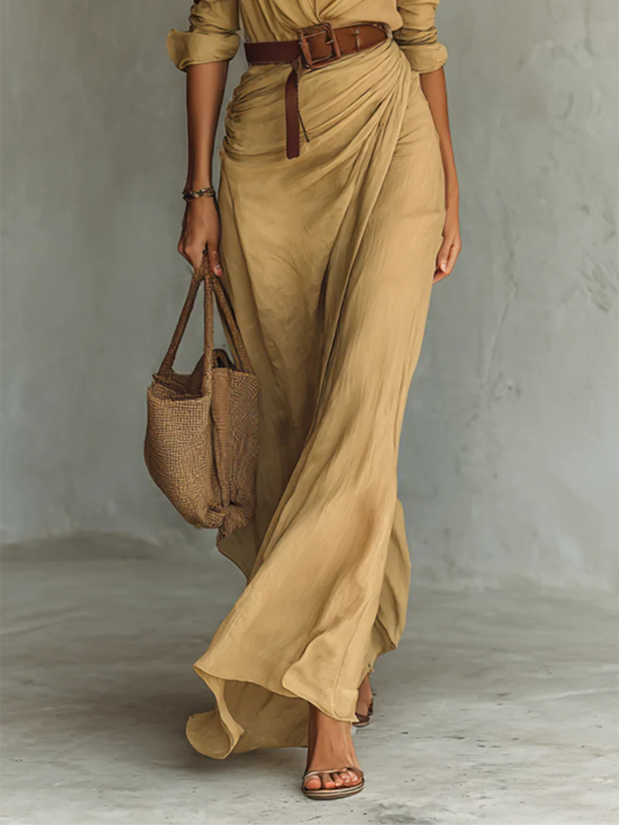 Maxi Dress with Lapel Collar and Adjustable Waist Belt