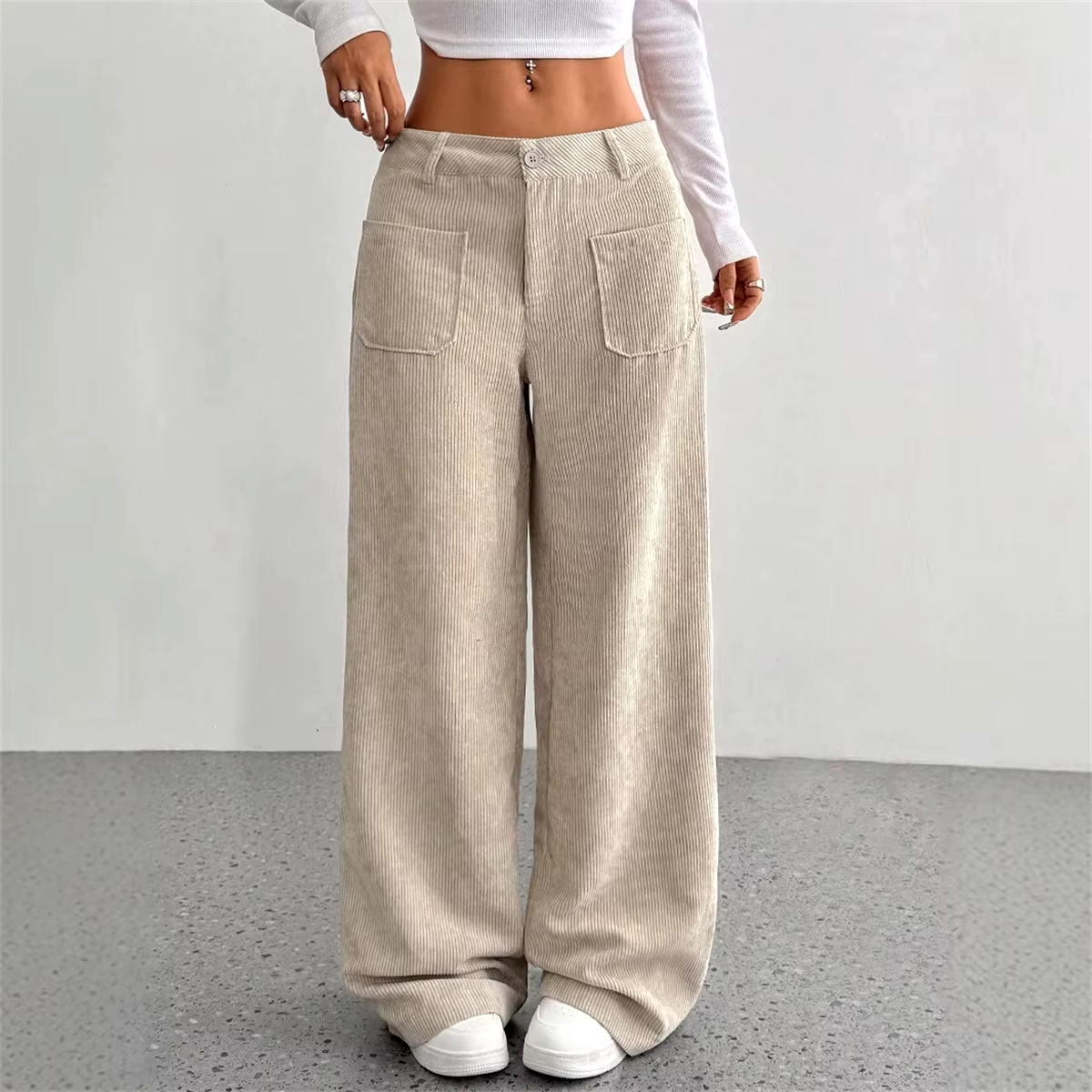 Wide Leg Corduroy Pants with Mid Rise Waist and Oversized Pockets