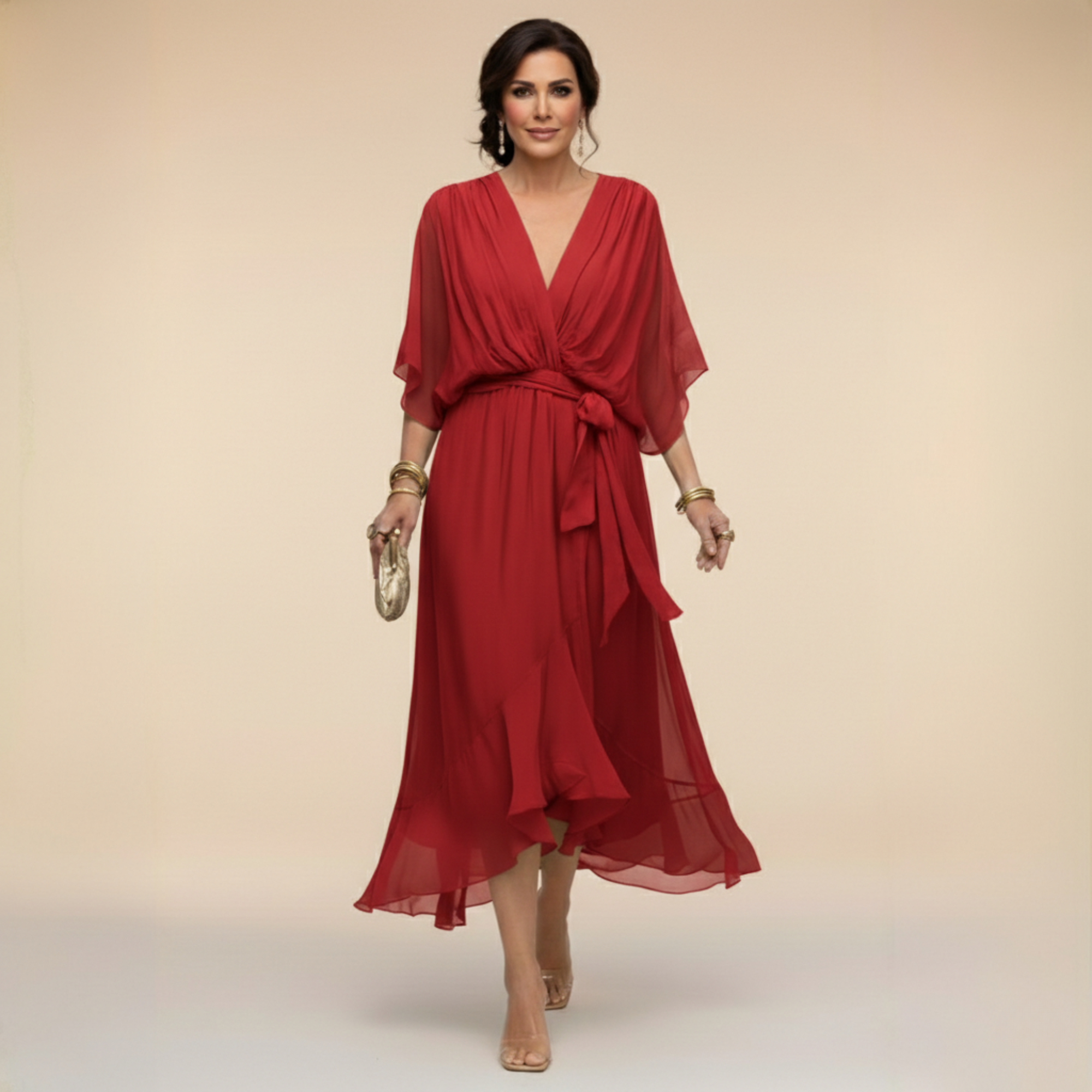 Chiffon Dress with V-Neckline and Flowing Silhouette