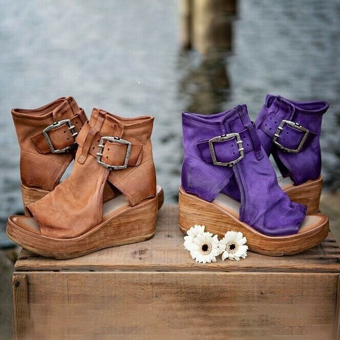 Wedge Sandals with Adjustable Buckle and Contoured Footbed, Woven Boho Straps