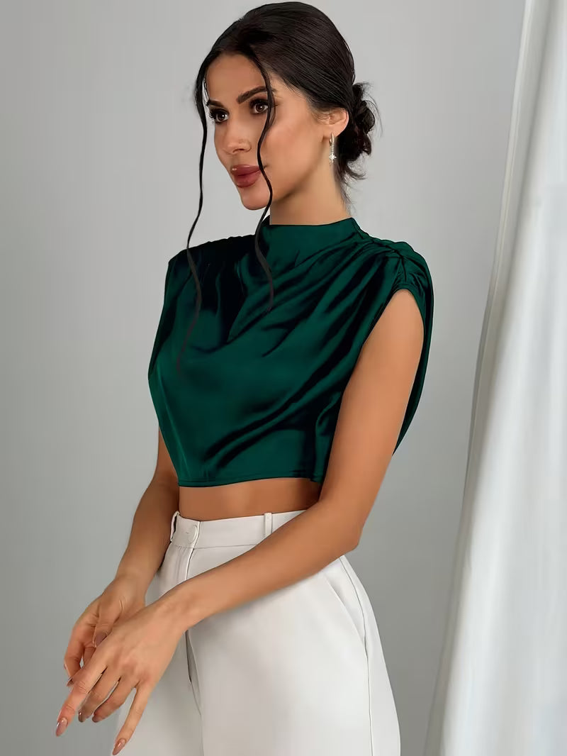 Women's High Neck Satin Drape Top with Structured Shoulders and Cropped Fit