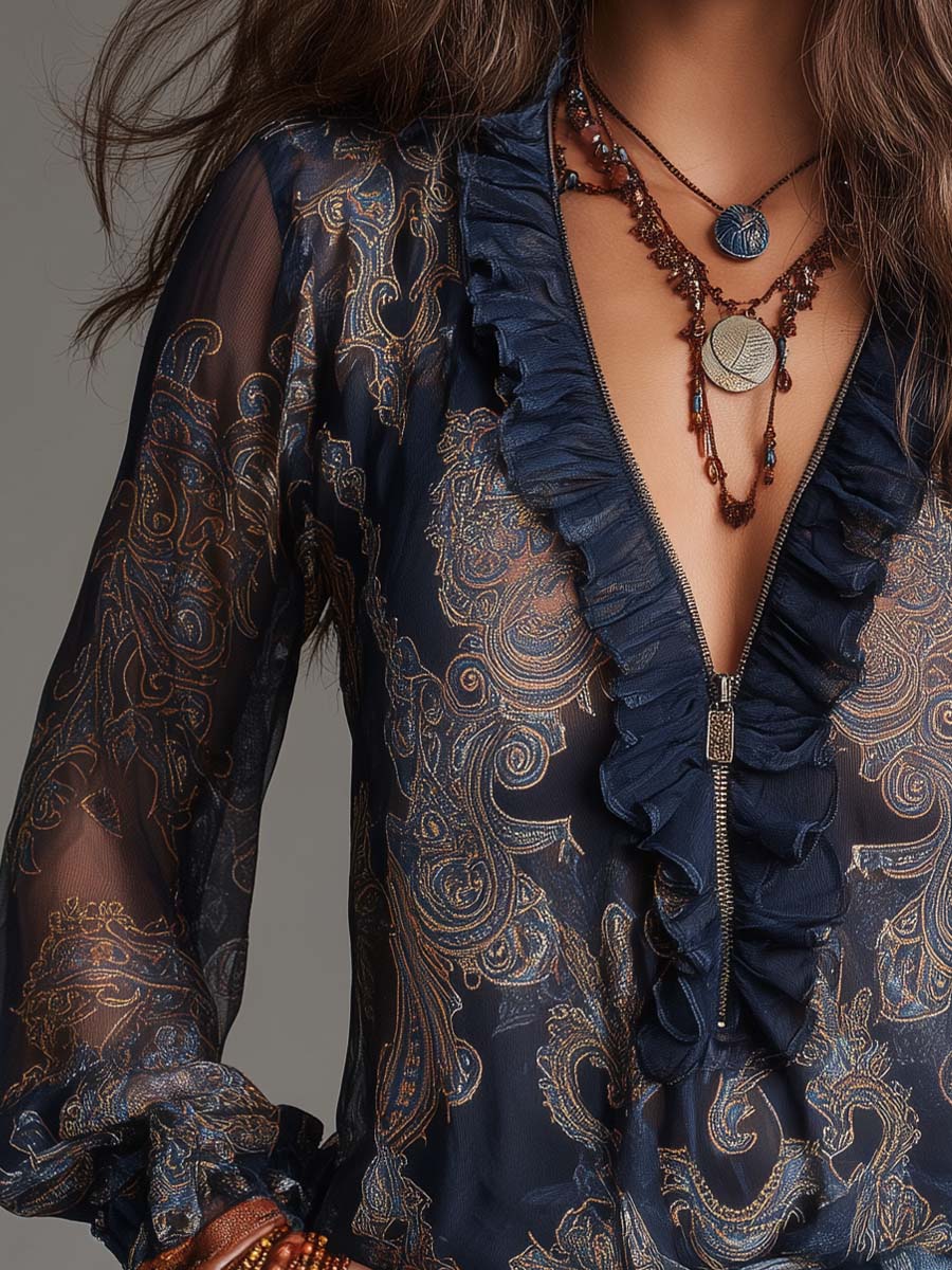 Metallic Paisley Chiffon Blouse with Deep V Zipper and Ruffled Sleeves