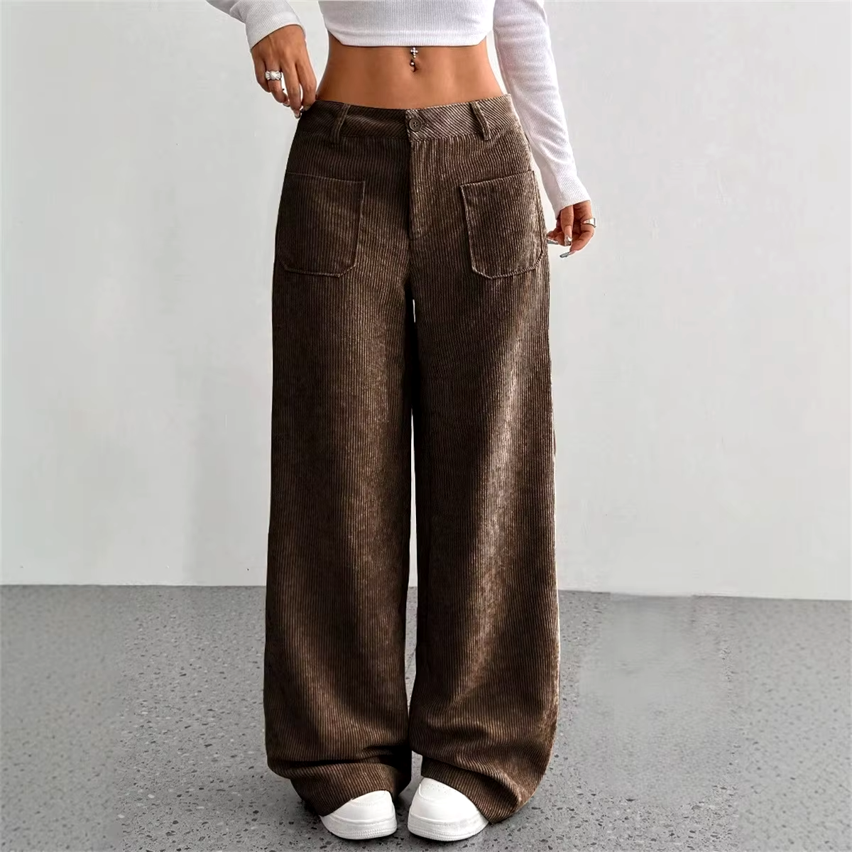 Wide Leg Corduroy Pants with Mid Rise Waist and Oversized Pockets