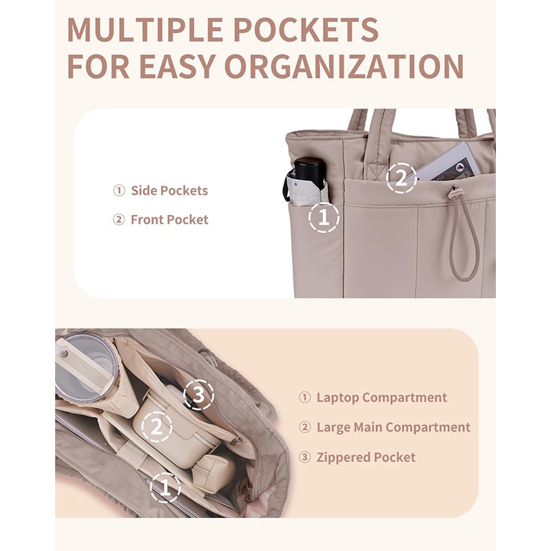 Puffer Tote Bag with 40oz Tumbler Pocket and 20-Liter Capacity, Laptop Compatible