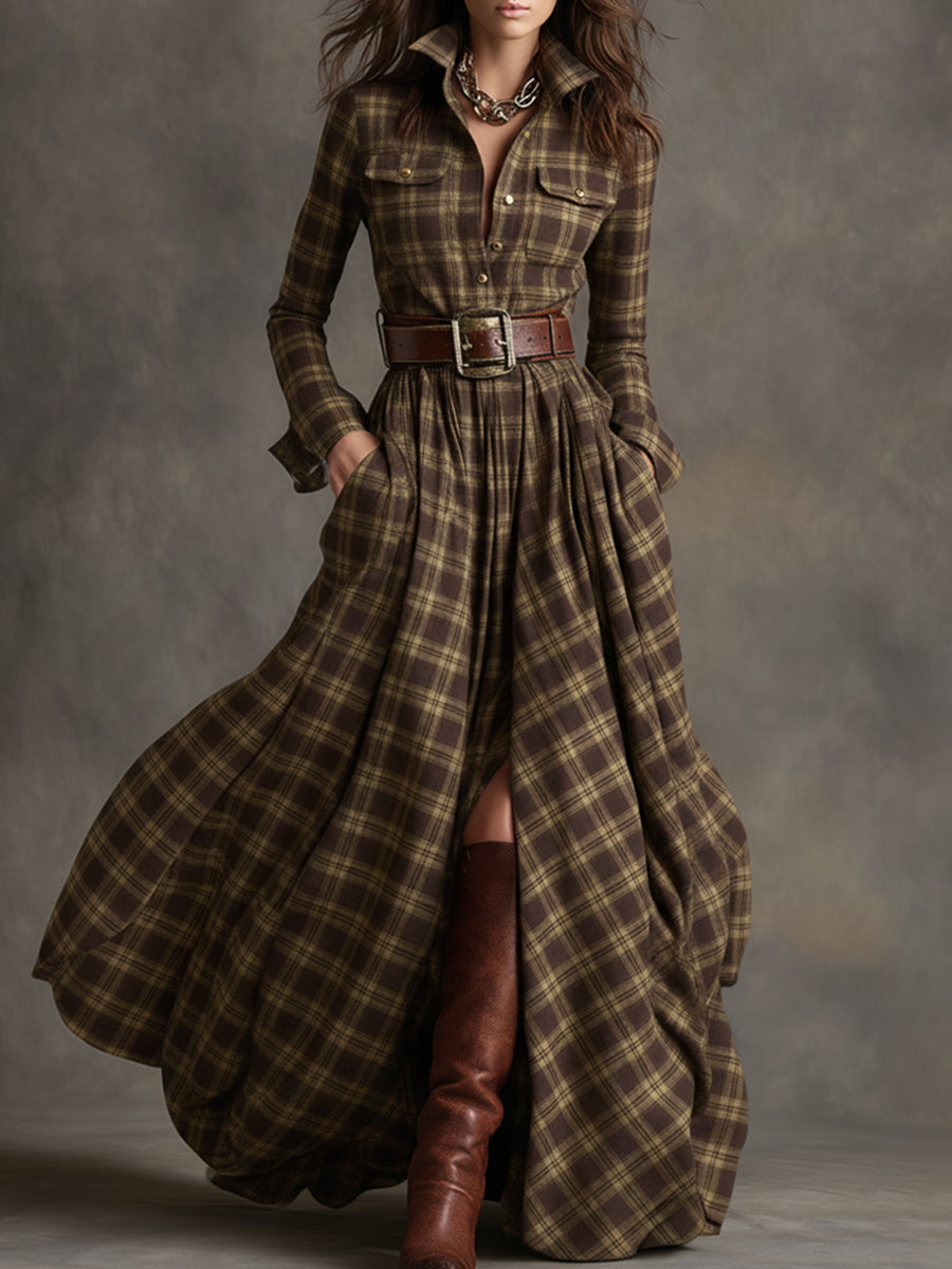 Reddish Brown Plaid Maxi Dress, Retro Ethnic Style with Lapel