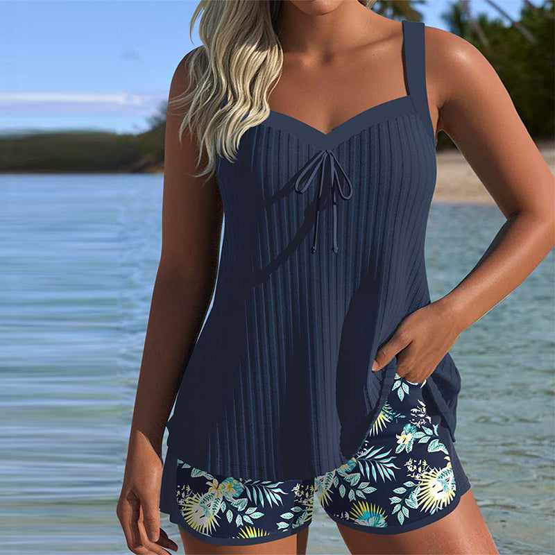 Ribbed Swim Set with Adjustable Front Tie and Quick Drying Fabric