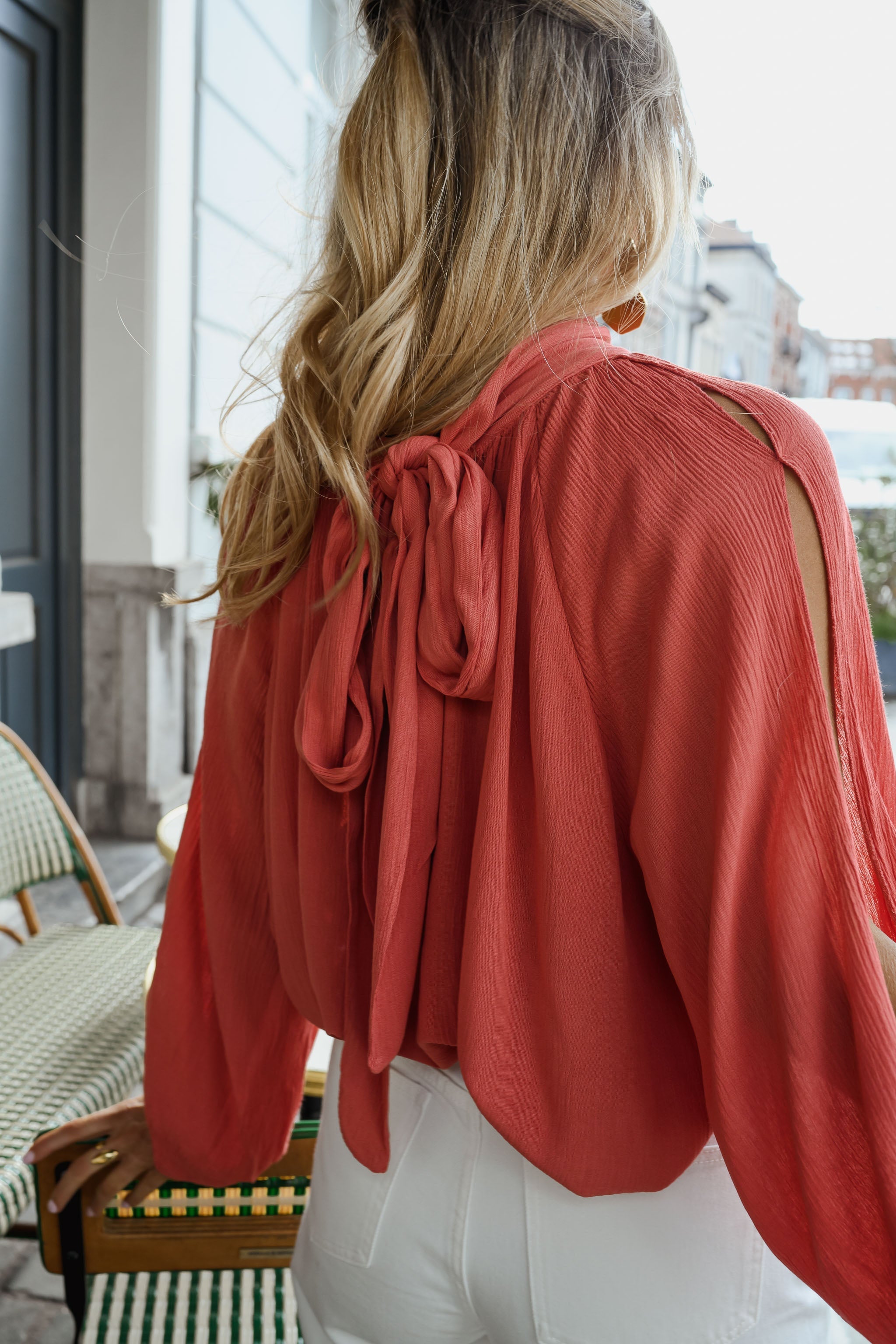 High Neck Blouse with Arm Openings and Back Tie Detail, Terracotta
