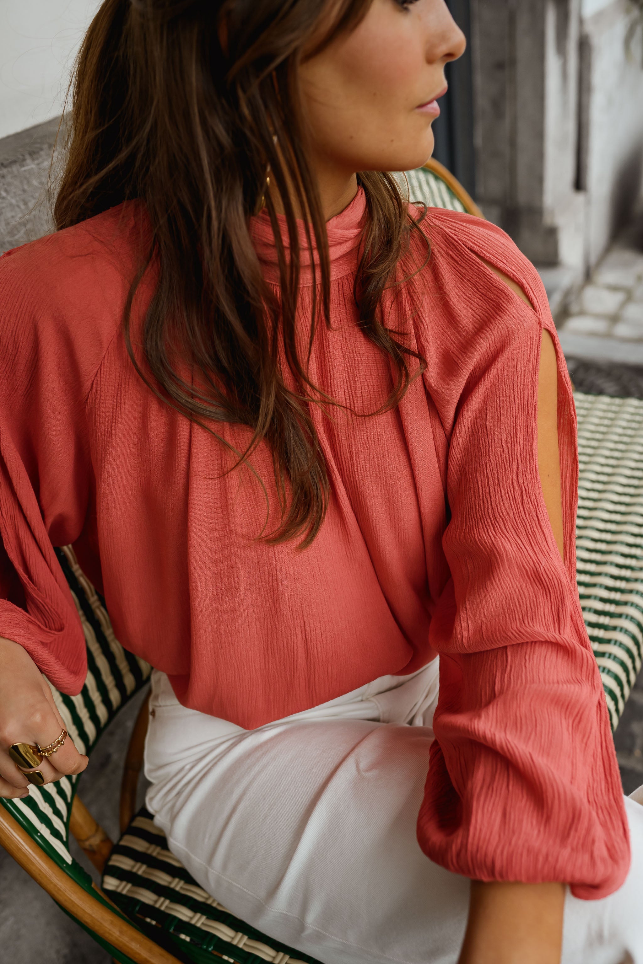 High Neck Blouse with Arm Openings and Back Tie Detail, Terracotta