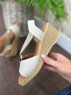 Beige Leather Sandal with Espadrille Wedge and Cushioned Arch Support