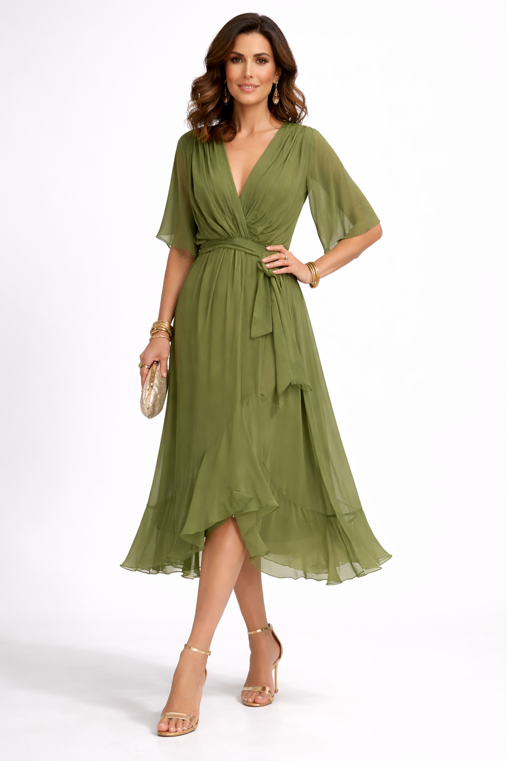 Chiffon Dress with V-Neckline and Flowing Silhouette