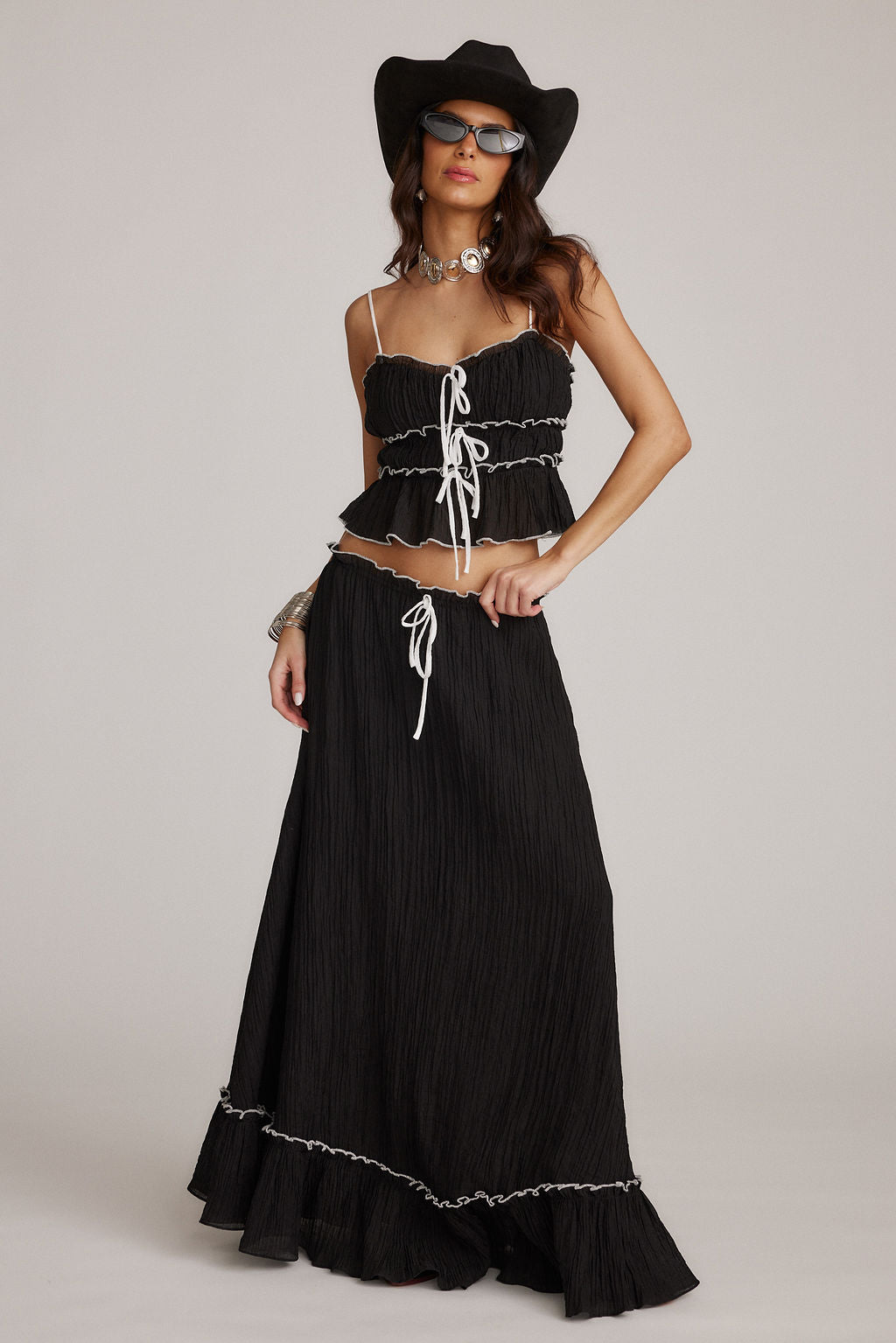 Ruffled Crop Top and Maxi Skirt Set with Breathable Crinkle Fabric
