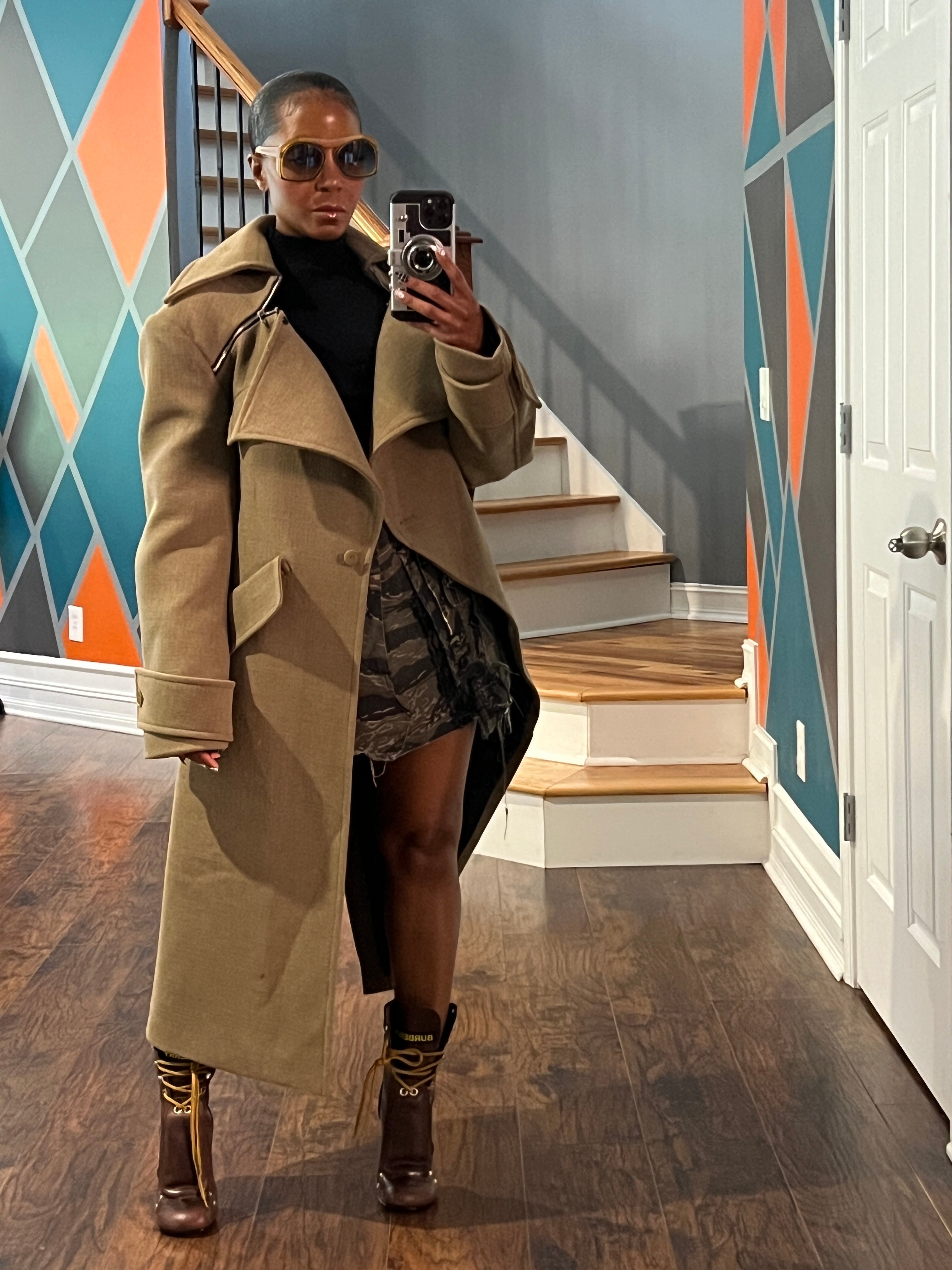 Wool Coat with Zippered Wide Collar and Button Front Closure, Camel