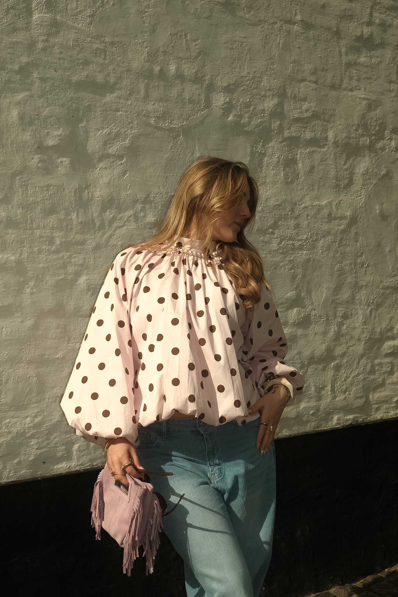 High-Neck Blouse with Open-Back Detail and Relaxed Fit