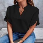 Breathable Linen Blouse with Tulip Sleeves and Notch Neckline