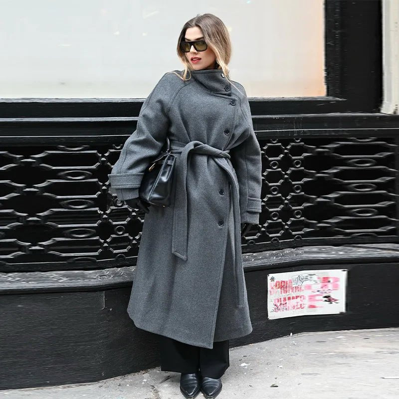 Women's Long Trench Coat with Adjustable Belt and Structured Front