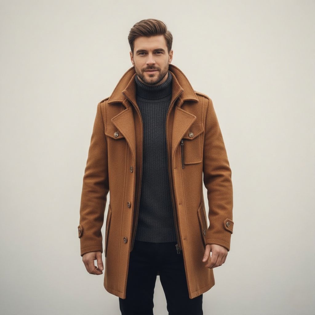 Men's Wool Trench Coat with Double Collar and Zippered Button Closure, Mid-Thigh Lined