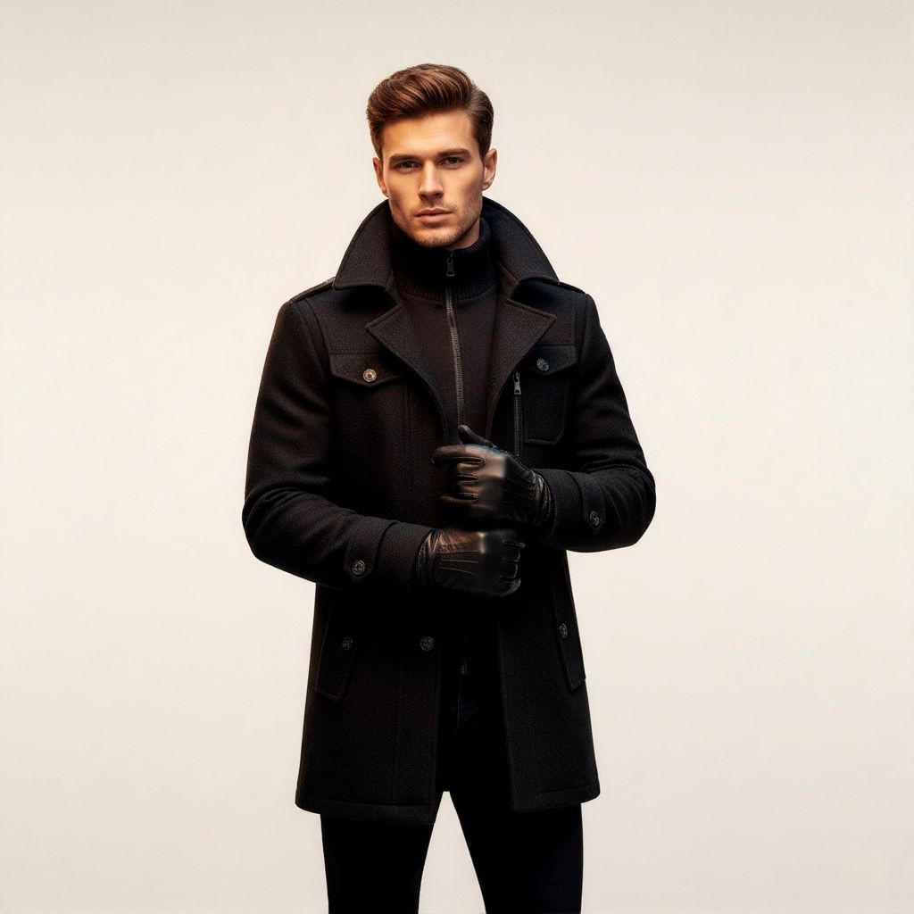 Men's Wool Trench Coat with Double Collar and Zippered Button Closure, Mid-Thigh Lined
