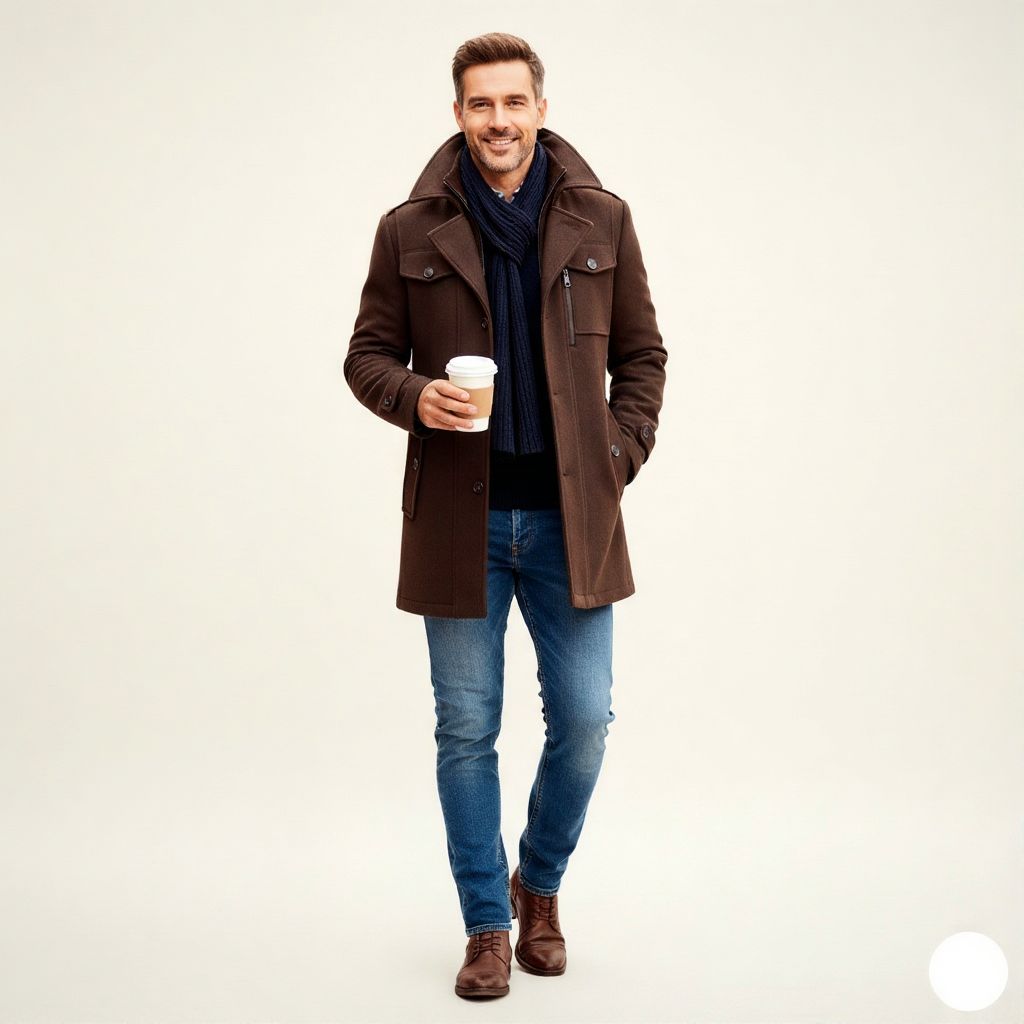 Men's Wool Trench Coat with Double Collar and Zippered Button Closure, Mid-Thigh Lined