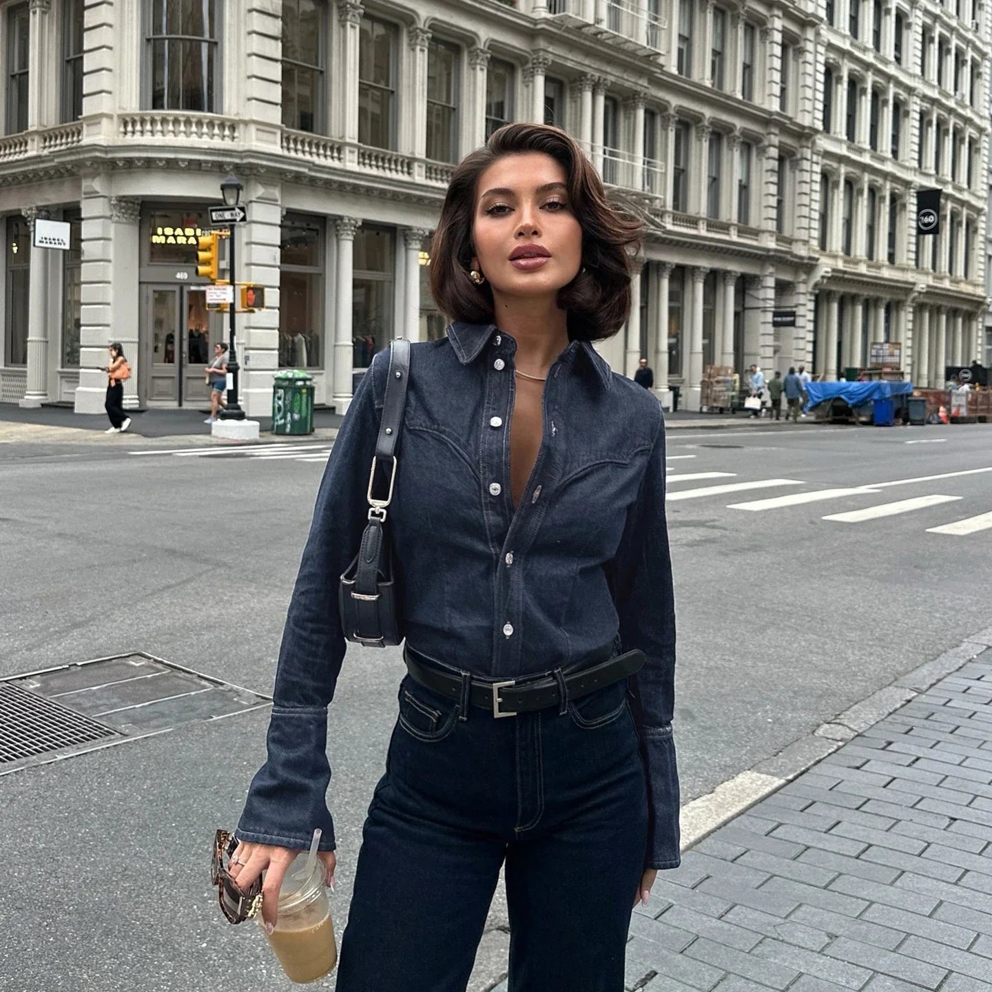 Medium Wash Denim Shirt for Women with Front Button Closure and Regular Fit
