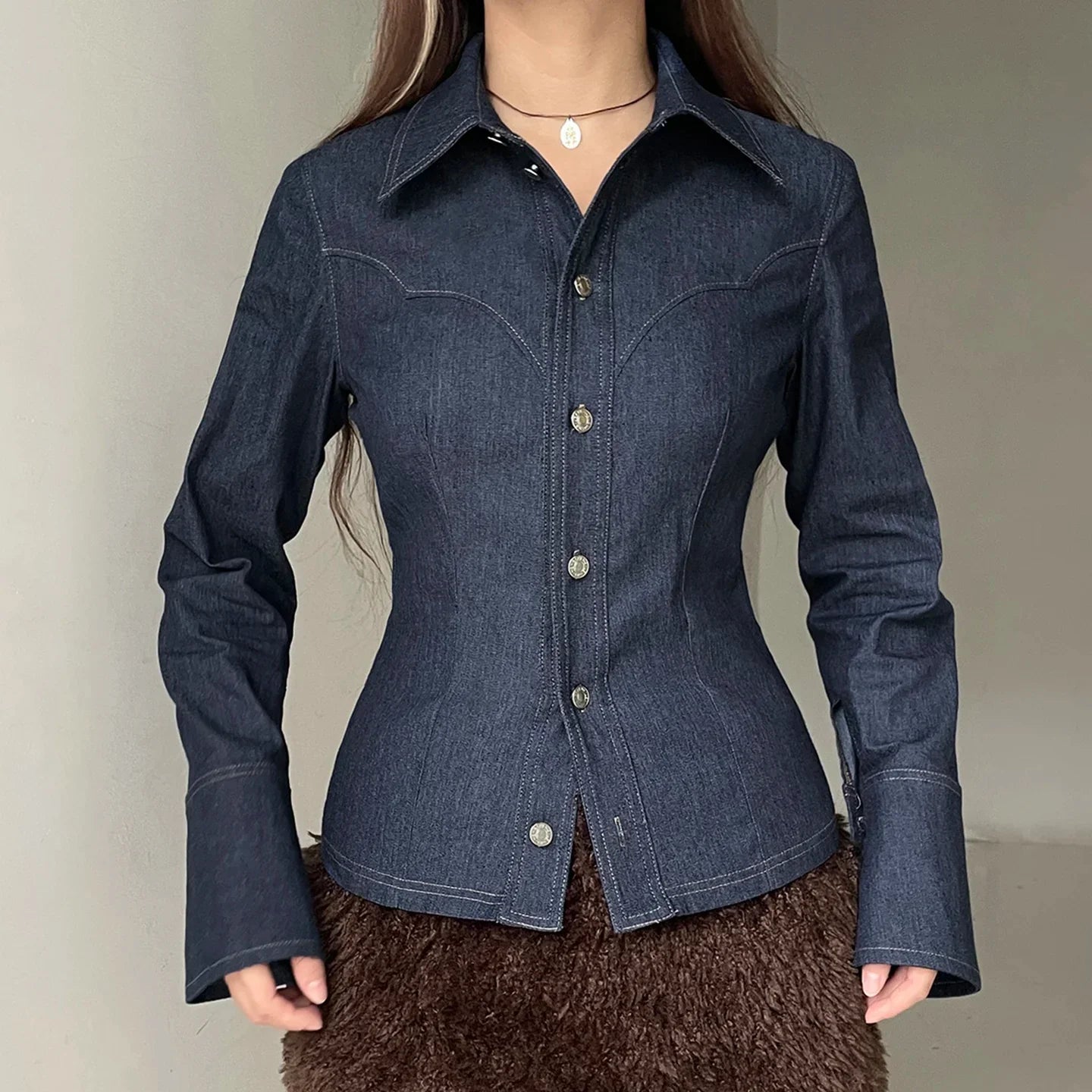Medium Wash Denim Shirt for Women with Front Button Closure and Regular Fit
